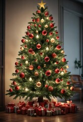 Christmas tree decorated with ornaments and lights, Christmas tree, holiday decor