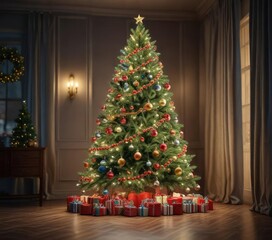 Christmas tree decorated with ornaments and garlands , garlands, lights