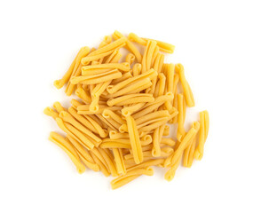 Casarecce pasta isolated, dry traditional macaroni, raw casarecce, wheat noodles, Italy cuisine ingredient