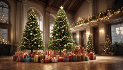 Christmas tree with presents and decorations in a large hall, holiday cheer, Christmas tree