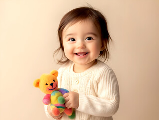 Adorable baby girl holding a colorful teddy bear, wearing a white sweater, smiling joyfully in a warm and cheerful setting