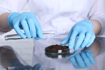 Laboratory testing. Scientist pouring liquid onto soil sample at table indoors, closeup