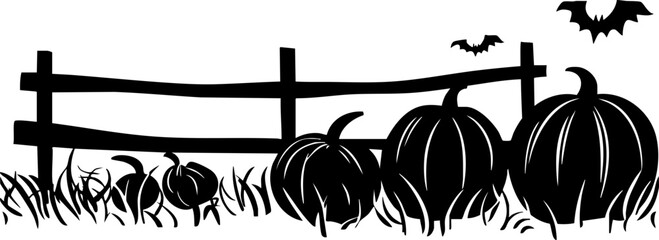 Black silhouette of pumpkins and a wooden fence against a white background, ideal for autumn-themed designs.