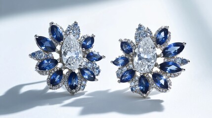 Fototapeta premium Cluster earrings with a central marquise-cut diamond surrounded by small sapphires, platinum setting, dazzling and bold generative ai