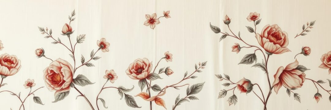 Classic tole painting on plain white cotton fabric featuring detailed floral patterns and muted colors, textile, flower, paint
