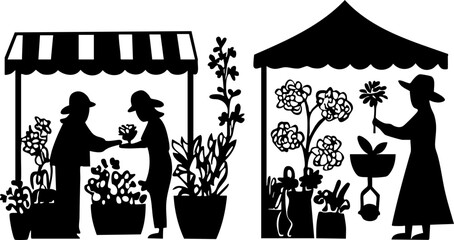 Fototapeta premium Stylized Vector Illustration of a Flower Market Featuring Silhouetted Figures and Plants in Black & White for Floral Themes
