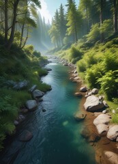 Fototapeta premium Clear river flowing through the heart of the forest, scenery, smooth, clear water