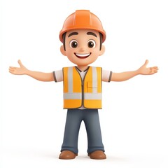 A cartoon man in a yellow safety vest is smiling and holding his arms out