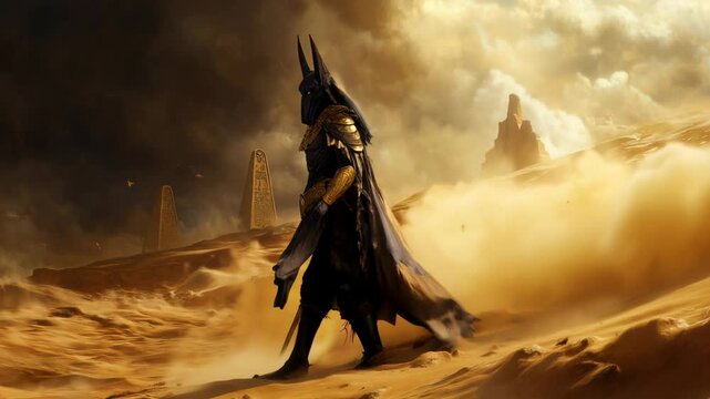 Anubis, the egyptian deity, unleashes a powerful sandstorm in the desert landscape