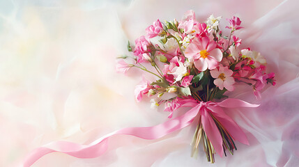 Delicate bouquet of pink and white flowers wrapped in soft fabric on a pastel background, perfect for Women's Day themes celebrating elegance, beauty, and femininity