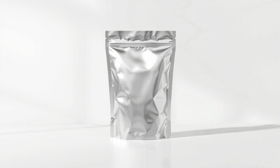 shiny silver foil pouch mockup on clean background, ideal for packaging design. Perfect for showcasing product branding and marketing materials