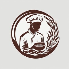 Chef holds bowl, wheat design, white background, for food industry logo, branding