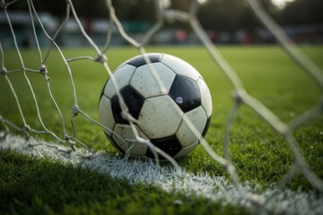 a soccer ball sits in the goal net