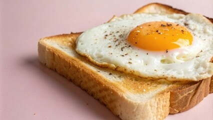 Fototapeta premium Close-up of a toasted white bread topped with a fried egg and served on a plain pink surface, foodphotography, , , , toastedbread