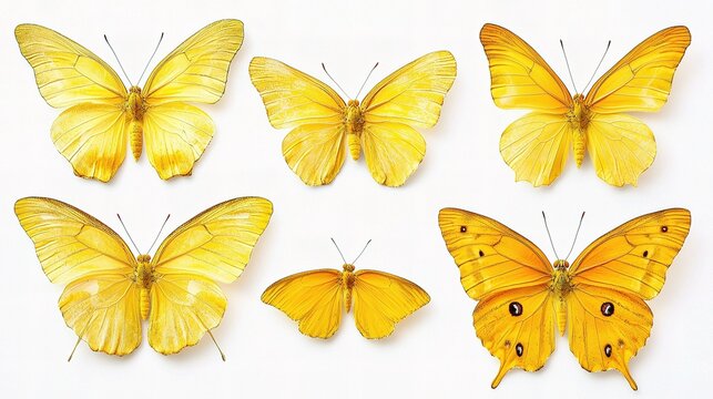 Four Beautiful Yellow Phoebis Philea Butterflies on a White Background