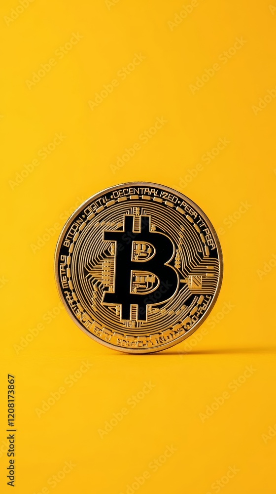 Poster close up view of a golden bitcoin coin resting on a vibrant yellow background, representing cryptocu