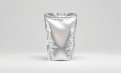 Sleek silver foil pouch mockup with crinkled texture, ideal for packaging snacks or powders. Perfect for showcasing product designs in modern setting