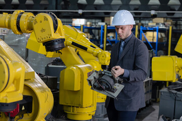 Professional engineer inspecting machinery in a  manufacturing facility