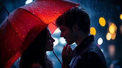 Young lovers nestling beneath vibrant red umbrella, sharing intimate moment on glistening city street during rainy nighttime, soft lights blurring background - Powered by Adobe