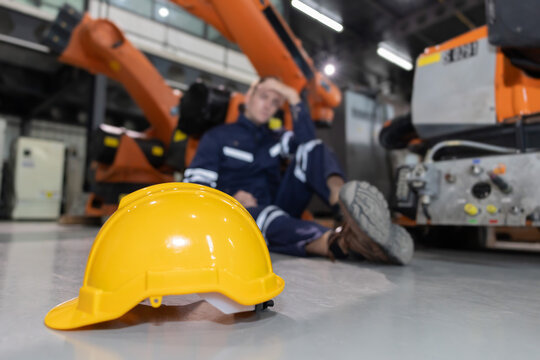 Close-up on yellow hard hat with blurred injured factory worker on the floor as a background