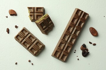 Tasty Dubai chocolate bars with pistachios, knafeh and cocoa beans on white textured table, flat lay