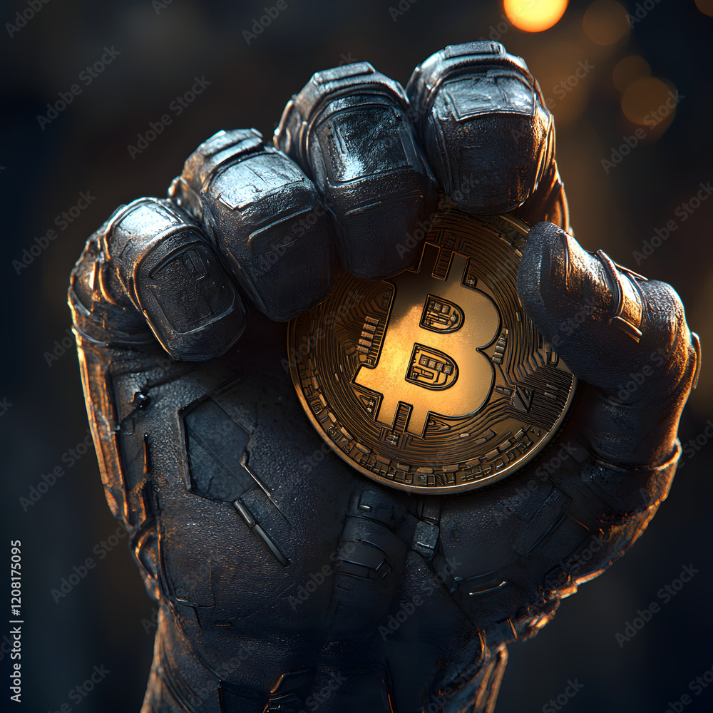 Wall mural digital currency and blockchain technology, with a bitcoin in hand