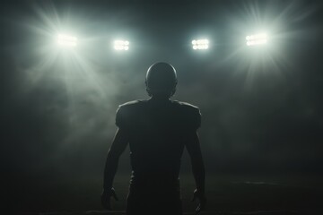 a football player stands in the dark with lights shining on him