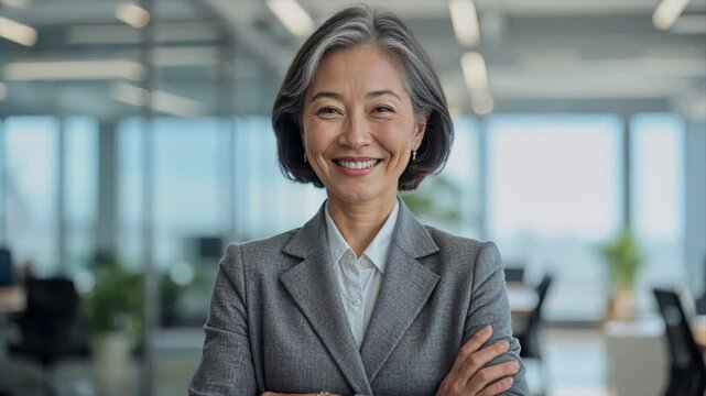 A confident old woman smiling with crossed arms in a professional office environment. Success and institutionalization. 04.