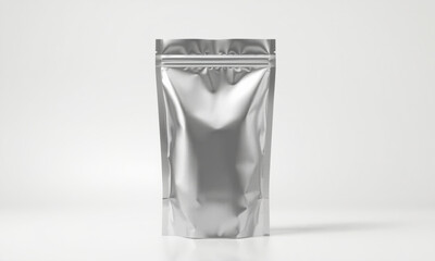 sleek silver foil pouch mockup, perfect for packaging snacks or products, showcasing modern design and versatile use. Ideal for branding and marketing purposes