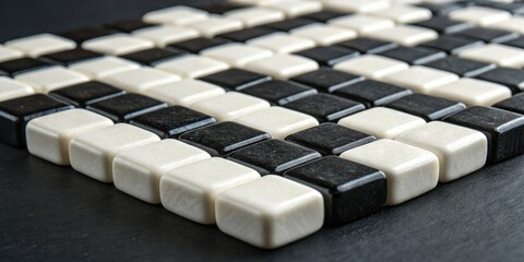 Obraz premium Close-up of intricately arranged black and white blocks on a dark background, forming a mesmerizing pattern, attention-grabbing composition, black and white photography