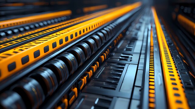A futuristic scene featuring parallel lines of orange and black machinery, suggesting advanced technology and industrial design.