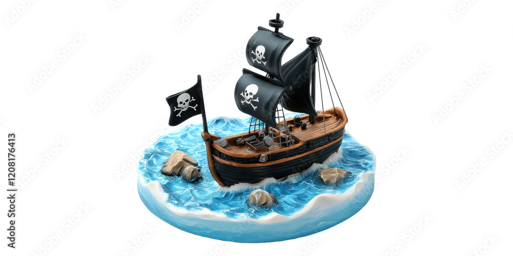 Poster pirate ship model with skull and crossbones flag isolated on transparent background