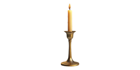 Tall brass candle holder with lit candle isolated on transparent background