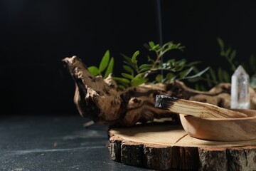 Smoldering palo santo stick, gemstone, snag and green branch on dark table, closeup. Space for text