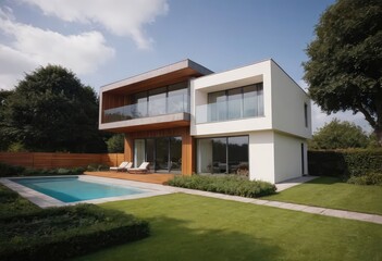 A modern house with a swimming pool in the spacious backyard