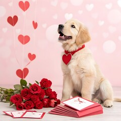 A cute golden retriever puppy wearing a red heart-shaped collar, sitting next to a pile of Valentine's Day cards and roses.