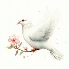 Obraz premium A white dove is perched on a branch with a pink flower
