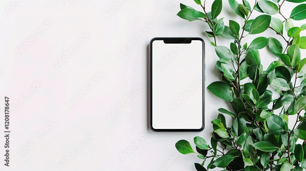 Poster minimalist smartphone mockup with blank display and greenery background