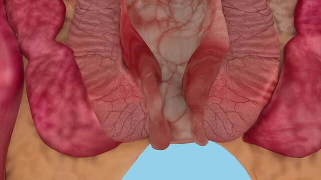 Medical animation of hemorrhoids. Internal and external hemorrhoids piles. Treatment and prevention concept