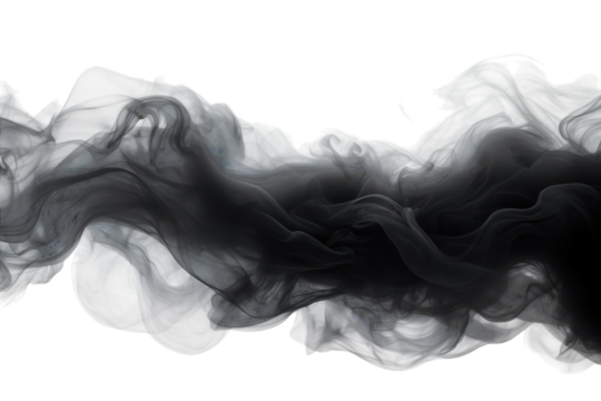 Dark swirling smoke gracefully flowing across a white background in an abstract design isolated on transparent background