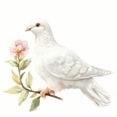 Naklejka premium A white dove is perched on a branch with a pink flower