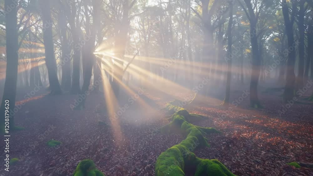 Poster Sunlight streaming through trees in a forest, peaceful nature scene. Tranquility and serenity concept