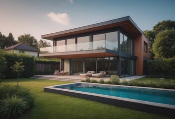 This is a modern, stylish house that features a large lawn area in front of it