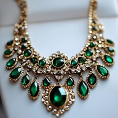 A green necklace with many green stones and gold