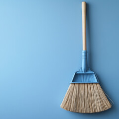 Blue broom with wooden handle on blue surface.