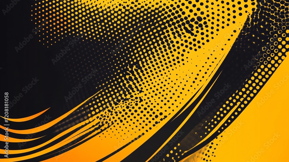 Poster dynamic abstract background featuring bold black and yellow curves with dotted gradients.