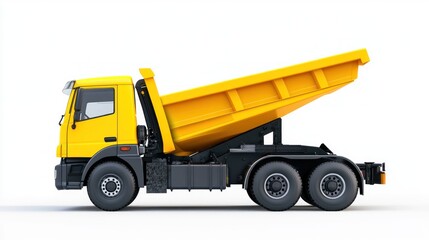 Yellow dump truck unloading, studio shot, white background, construction (1)