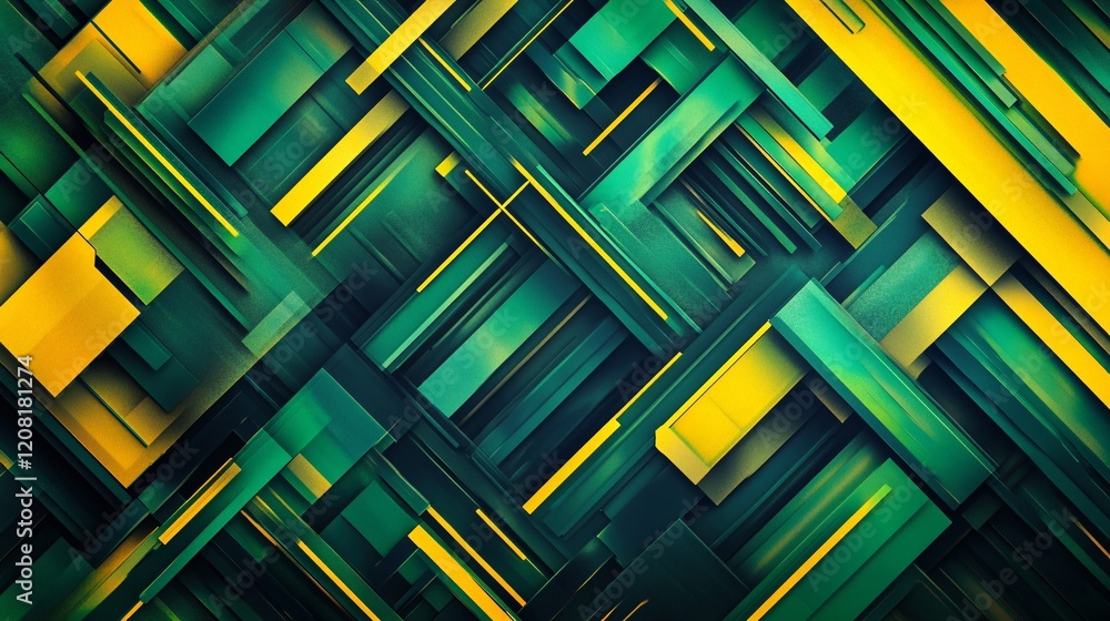 Aufkleber an abstract composition of vibrant green and yellow geometric shapes layered in a dynamic pattern.