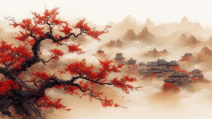 A painting of a tree with red leaves and a mountain in the background