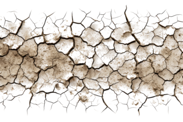 Cracked dry earth surface displaying environmental effects of drought and soil degradation in an arid landscape isolated on transparent background